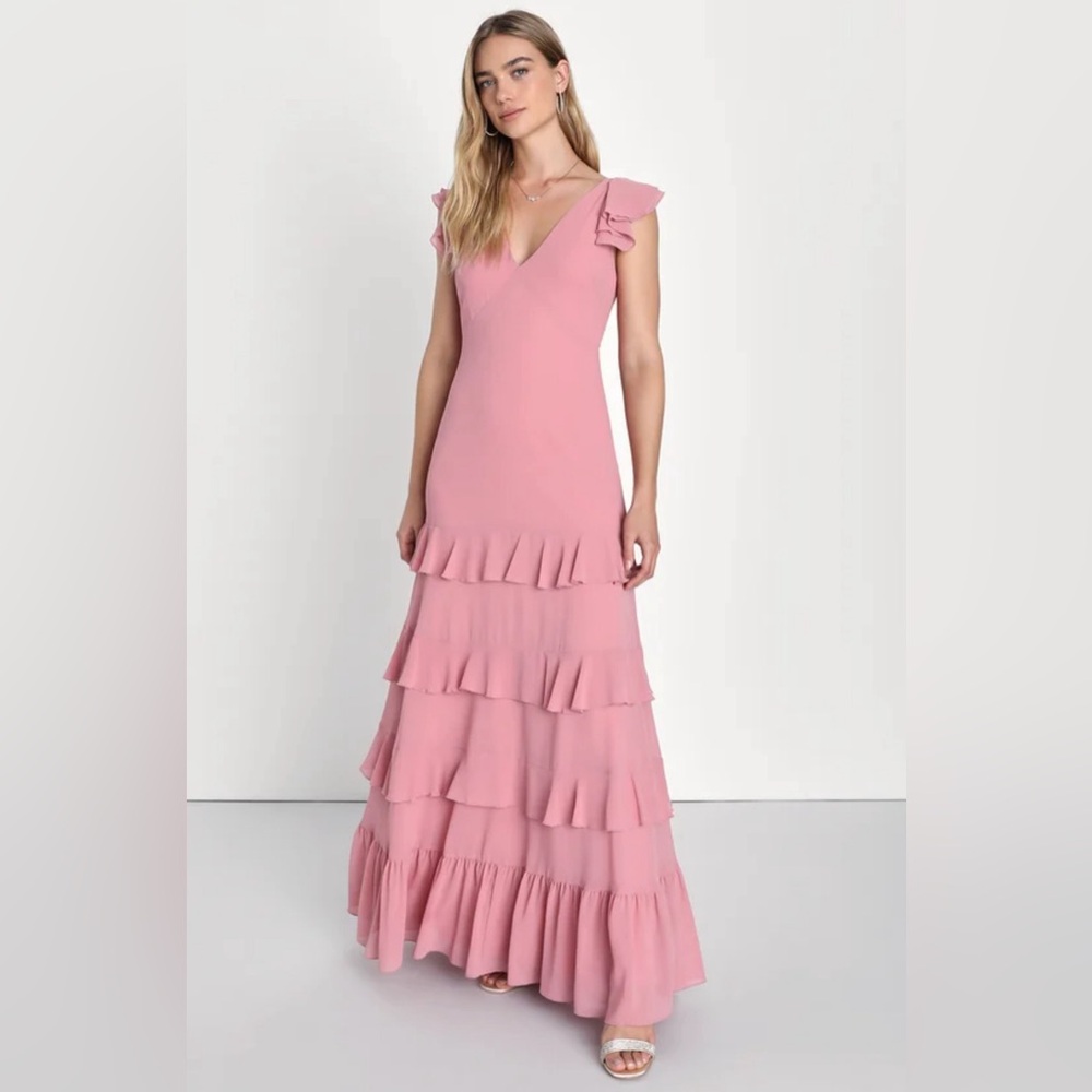 NWT Lulus Dusty Rose Backless Ruffle Maxi Dress